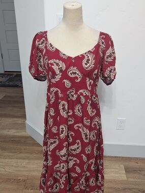 PatPat Burgundy Paisley Maxi Dress with Short Puff Sleeves
